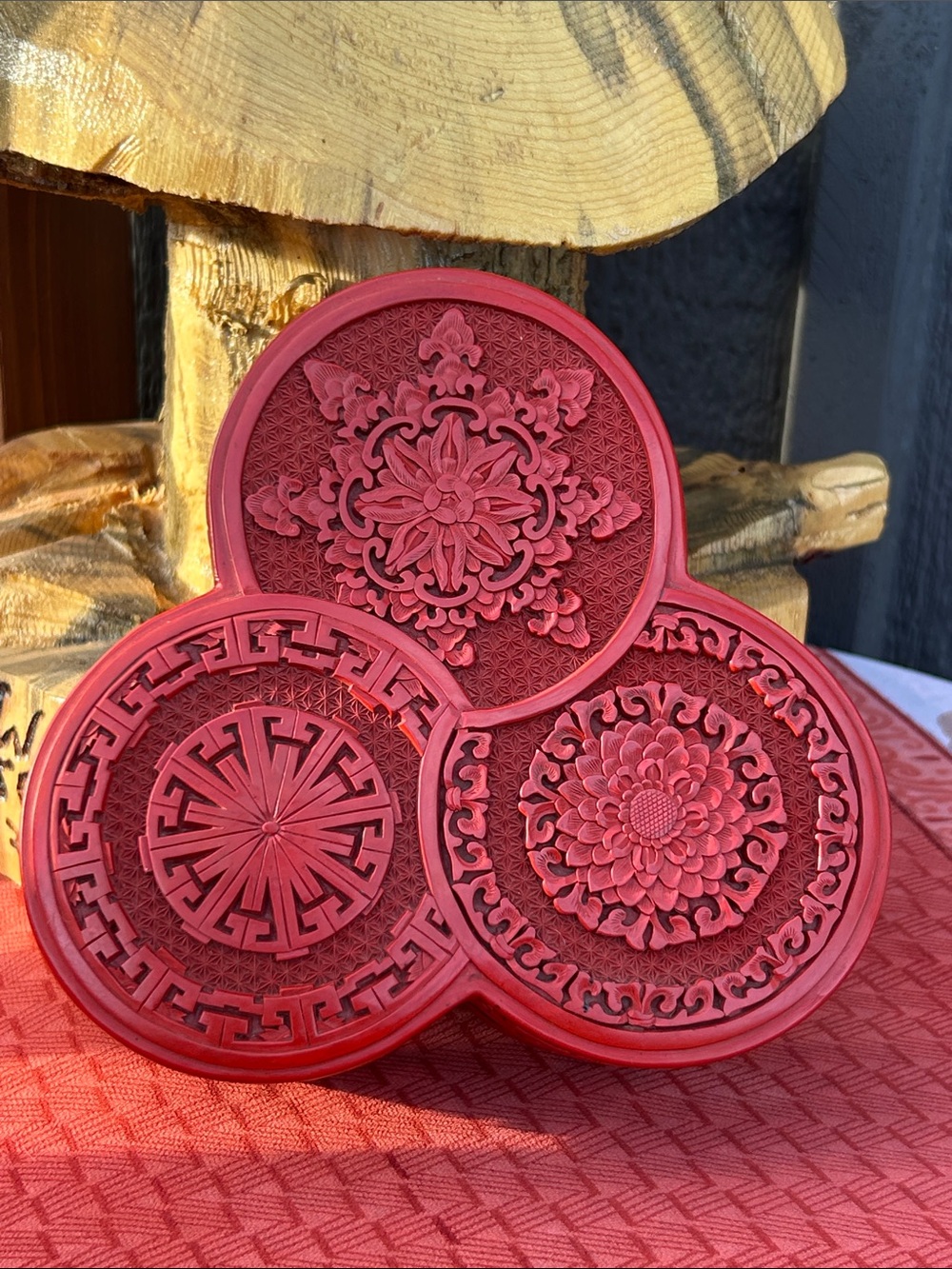 Cinnabar Carved Three-Circle Decorative Trinket Box
